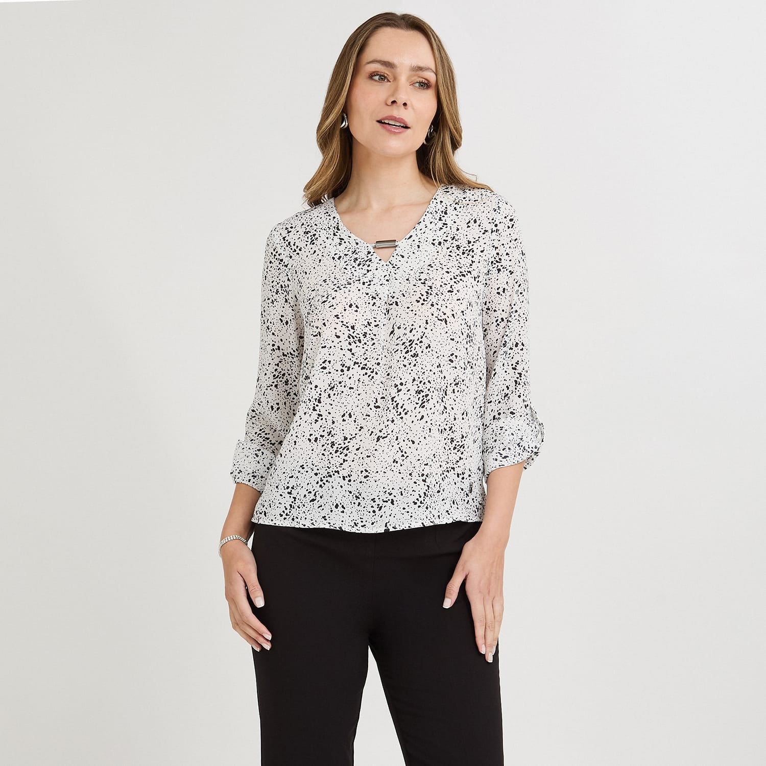 Blusa Manga Larga Escote V Estampada Crudo